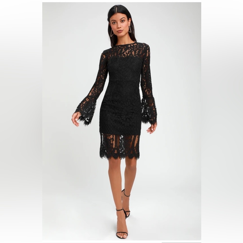 Main Strip Elegant Black Lace, Long Sleeve Midi Dress